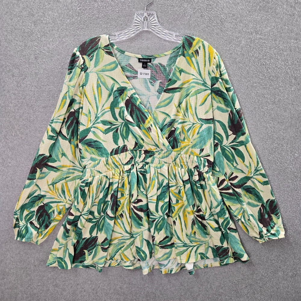 Torrid Women Top 1 Green Leaf Blouse Peplum Blouse Balloon Sleeve Babydoll